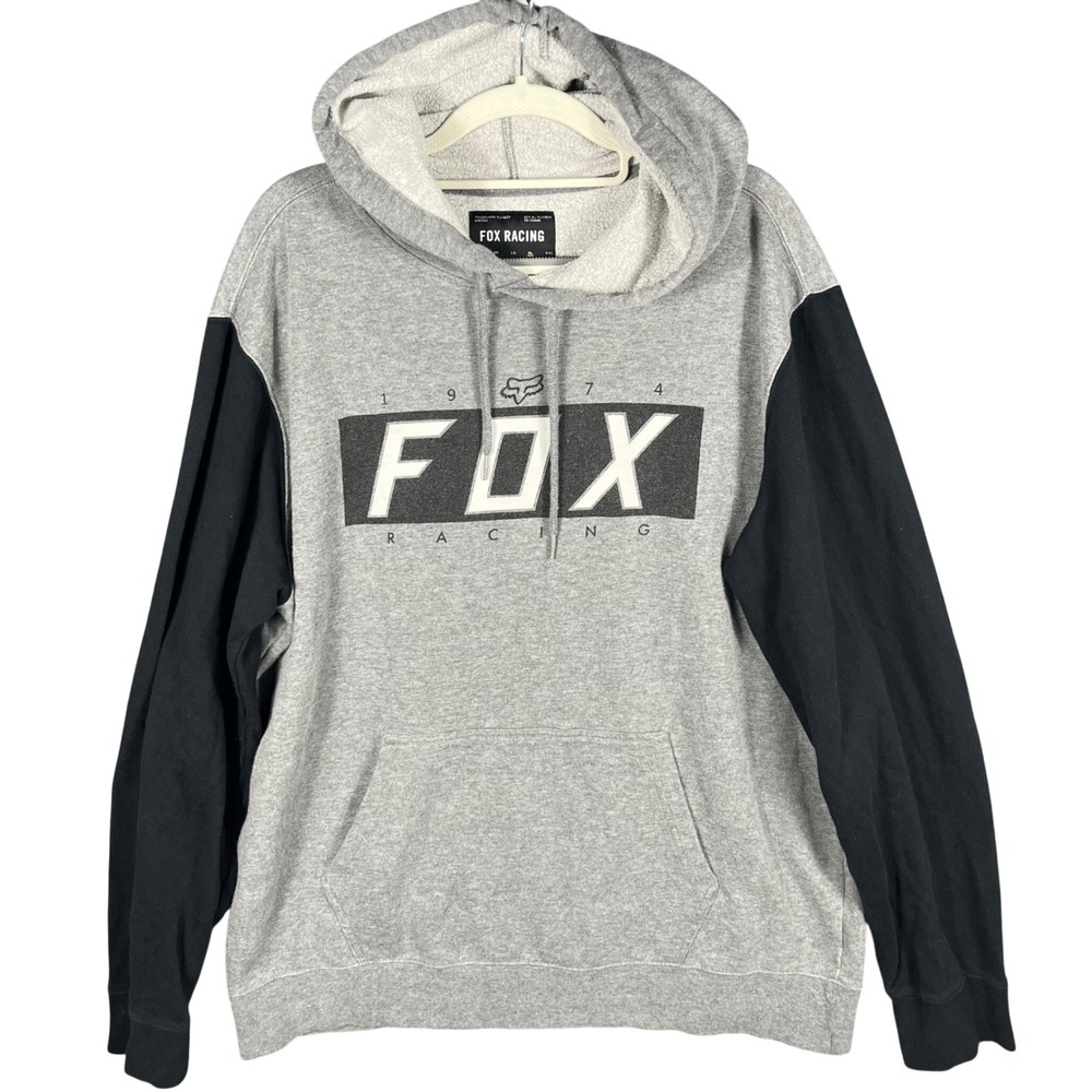 Fox Racing Hoodie Men XL Grey Black Colorblock Graphic Pullover Sweatshirt